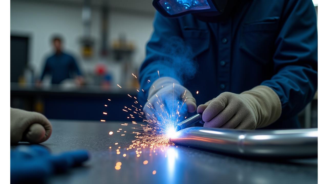 Skilled technician performing precision TIG welding on a custom automotive component