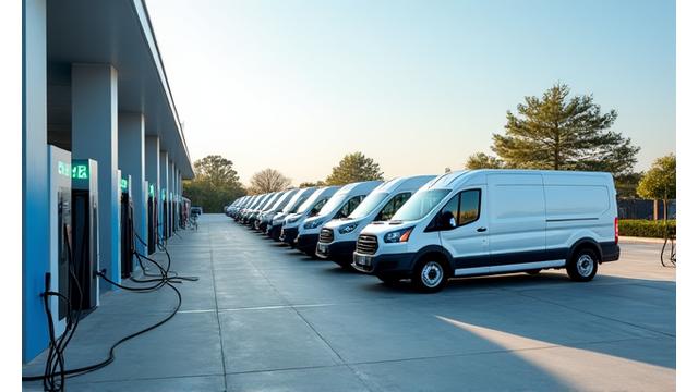 Electric delivery vans charging at a company depot, symbolizing modern fleet management and sustainability