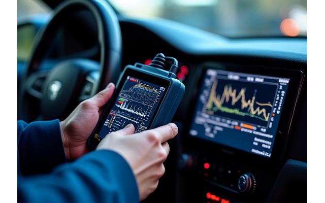 Advanced OBD-II scanner connected to a vehicle's diagnostic port, displaying complex data streams.