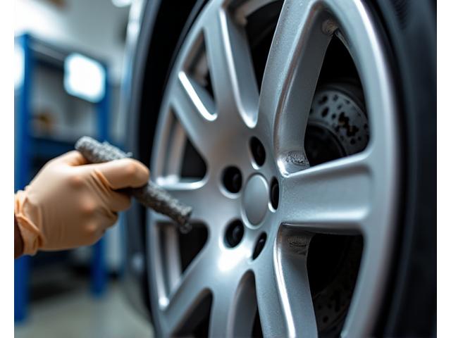 Close-up of a damaged alloy wheel undergoing professional refinishing service.